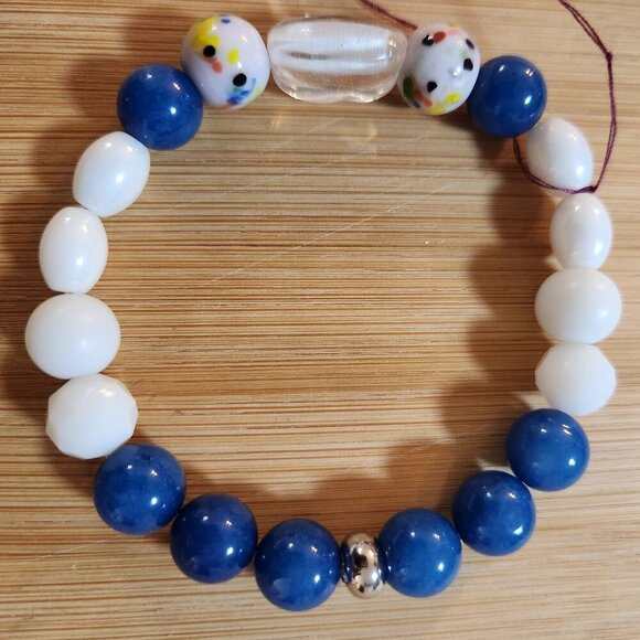 Hand Crafted Stretch Bracelet Blue Jade White Glass Clear Acrylic Decorative Lam - Picture 1 of 5